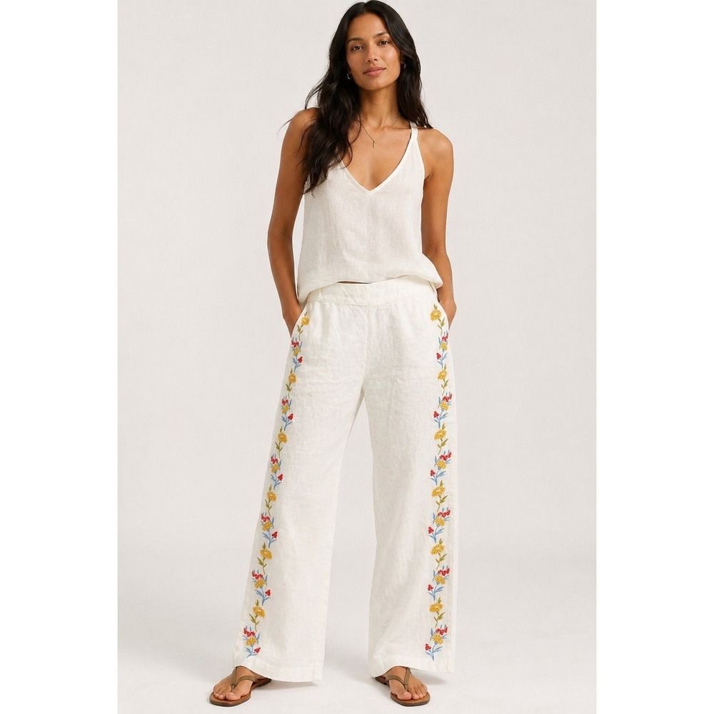 Calypso St. Barth Linen Embroidered Floral Wide Leg Pants White Women's L - Picture 1 of 9